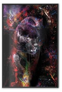 Poster: Giaguaro nero - animale tra colori astratti su sfondo scuro