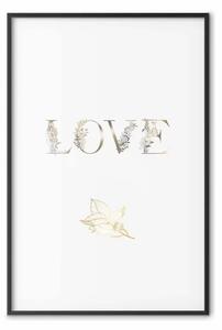 Poster: L'amore è forza - scritta dorata in inglese su sfondo bianco uniforme