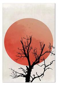 Quadro su tela Un albero col tramonto - una composizione astratta con un contorno nero di rami trafitti dal sole in tramonto nei colori arancioni