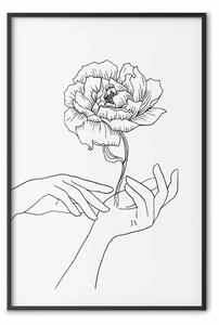 Poster: Tocco delicato - line art nero di mani e fiori su sfondo uniforme