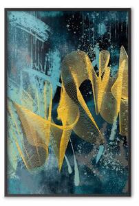 Poster: Onde dorate - onde dorate su texture blu in stile astratto