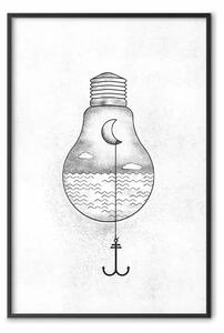 Poster: Luna ancorata - composizione bianca di una lampadina con mare e luna