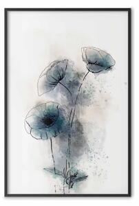 Poster: Papaveri blu - line art di piante con fiori blu su sfondo chiaro