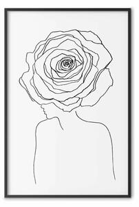 Poster: Sguardo invertito - line art nero di una donna con fiori sulla testa