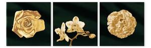 Quadro contemporaneo Fiori ricoperti di oro - trittico in stile glamour con motivi vegetali