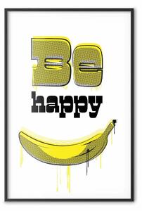 Poster: Banana felice - scritte in inglese e frutto giallo su sfondo bianco