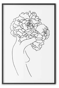 Poster: Giardiniera - line art astratto donna con fiori, sfondo bianco