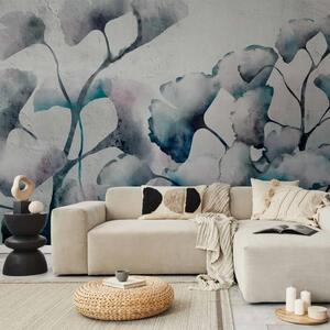 Carta da parati moderna Foglie di ginkgo - fiori pastello blu su sfondo chiaro