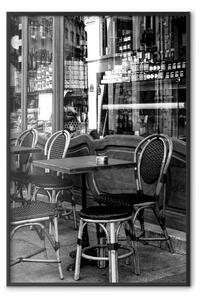 Poster: Caffè parigino - paesaggio grigio sedie e tavolino in un caffè