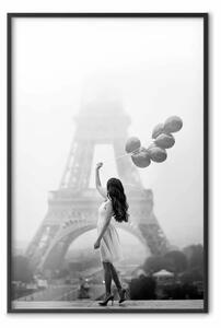 Poster: Passeggiata al vento - donna con palloncini, sfondo Torre Eiffel