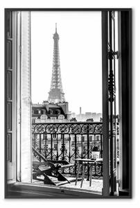 Poster: Vista dal balcone - paesaggio bianco e nero dalla finestra su Torre Eiffel