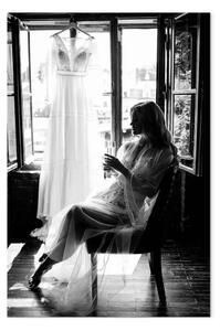 Quadro su tela Donna e abito da sposa - foto in bianco e nero con donna seduta