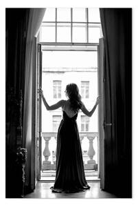 Quadro contemporaneo Donna alla finestra - foto in bianco e nero con una silhouette