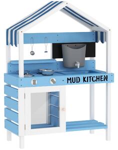 AIYAPLAY Cucina da gioco da esterno per bambini con tettuccio parasole, set di pentole, legno massiccio, Blu | Aosom Italy
