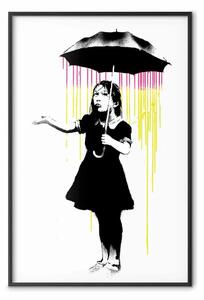 Poster: Ragazza con l'ombrello - ragazza bianco e nero, pioggia colorata