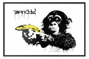 Poster: Scimmia con banana - animale nero con frutto giallo su sfondo bianco