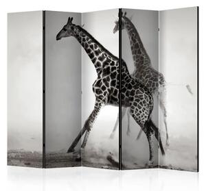 Paravento Giraffe II - scena in bianco e nero con giraffe nella nebbia