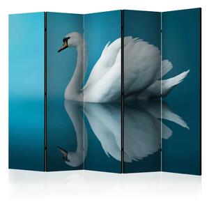Paravento design Cigno - riflessi II - uccello bianco su sfondo blu
