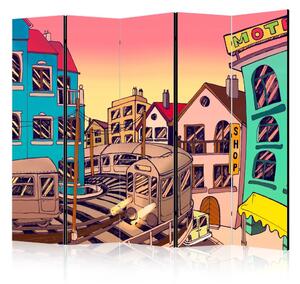Paravento separè Mattina in città II - astratto cartoonesco colorato