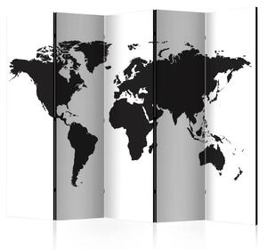 Paravento Mondo in bianco e nero II - mappa del mondo con continenti neri