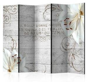 Paravento design Bonne Nouvelle II - collage su legno con fiori e scritte