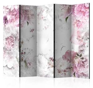 Paravento design Peonie danzanti II - fiori romantici su sfondo bianco