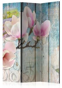 Paravento design Fiori rosa su legno - collage di acquerelli e tavole