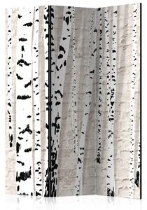 Paravento design Bosco Betulle - alberi della foresta su uno sfondo di mattoni beige chiaro