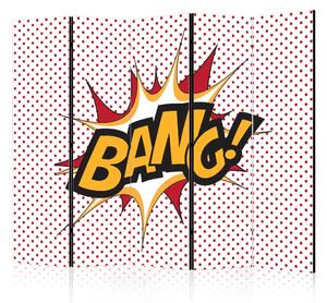 Paravento design BANG! II - scritte gialle in inglese su uno sfondo di punti