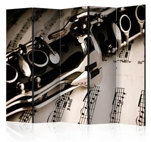 Paravento design Clarinetto e Note II - strumento musicale su sfondo di carta