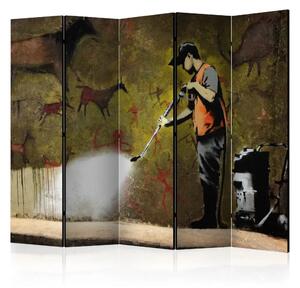 Paravento separè Banksy - Pittura Rupestre II - uomo e graffiti sullo sfondo