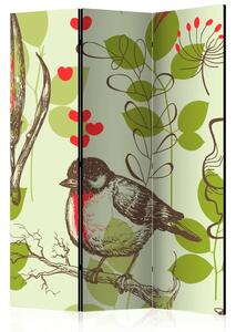 Paravento Uccello e gigli - motivo vintage - fiori e foglie verdi