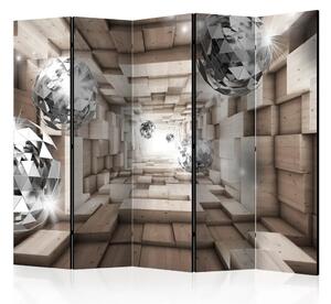 Paravento design Nel Tunnel di Legno II - spazio astratto con sfere argentate