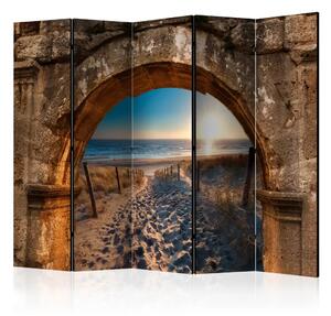 Paravento design Colonne e Bosco II - veduta estiva di spiaggia al tramonto