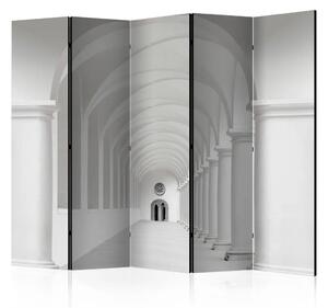 Paravento Volo del Colibrì II - architettura a tunnel grigio con colonne e porte
