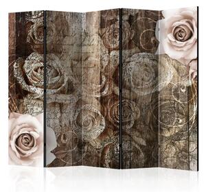 Paravento design Legno vecchio e rose II - fiori e iscrizioni marroni
