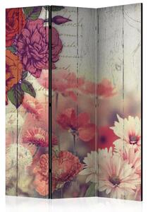 Paravento separè Fiori vintage - fiori su fondo in legno con iscrizioni in stile retrò