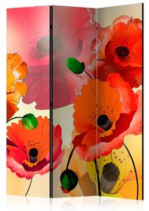 Paravento design Papaveri di velluto: un mazzo di fiori rossi e gialli su sfondo chiaro