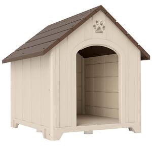 Cuccia per Cani Rialzata 102x94x103 cm con Tetto Inclinato e Prese d'Aria in PP Beige e Marrone Scuro