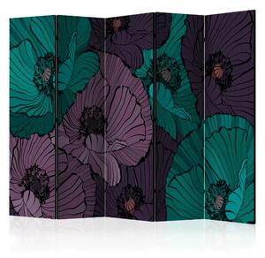 Paravento design Casetta Floreale II - Fiori blu e grigi di papavero in stile fumetto