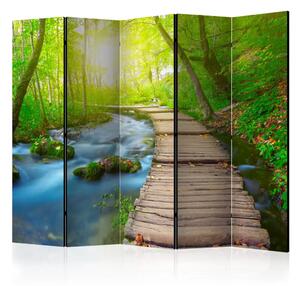 Paravento design Foresta Verde II - Ponte di legno con sole nella foresta