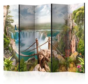 Paravento separè Eden nascosto II - paesaggio tropicale fantastico con ponte e cascata