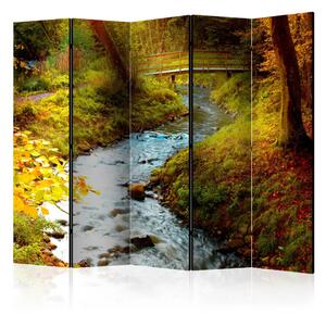 Paravento design Ruscello alba II - paesaggio fluviale con sfondo forestale