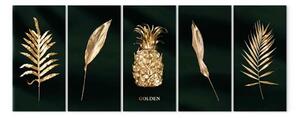 Quadro Flora d'oro - immagine a 5 pezzi di foglie e frutta coperta di oro
