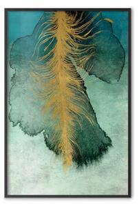 Poster: Composizione celestiale - piuma dorata su sfondo astratto blu