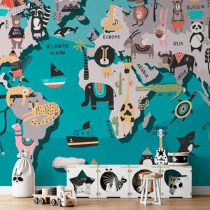 Carta da parati moderna Lezione di geografia per bambini - Mappamondo colorato con animali