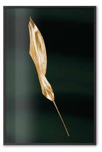 Poster: Foglia nel vento - composizione dorata di foglia su sfondo verde scuro