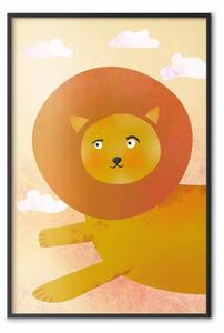 Poster: Gioco del leone - animale che vola tra le nuvole su sfondo arancione