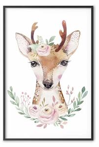 Poster: Cervo Juliusz - composizione di piante rosa e cervo su sfondo bianco