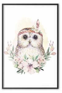 Poster: Gufo Sabina - composizione di fiori chiari e gufo su sfondo bianco